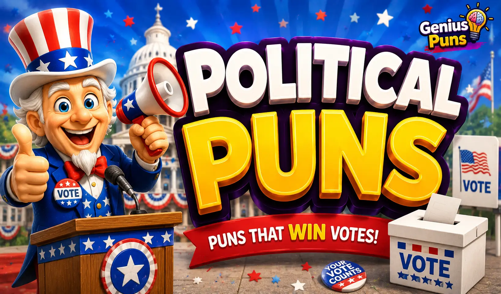 Cartoon election mascot beside bold 3D Political Puns text with voting-themed graphics for political puns.