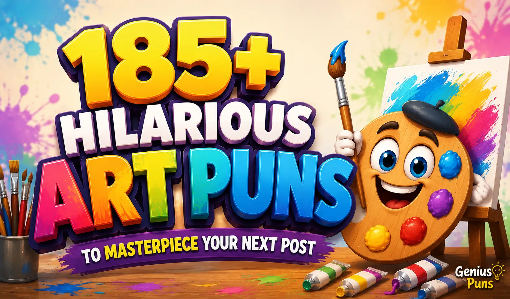 Colorful art puns thumbnail with cartoon artist palette and bold 3D "185+ Hilarious Art Puns" title.
