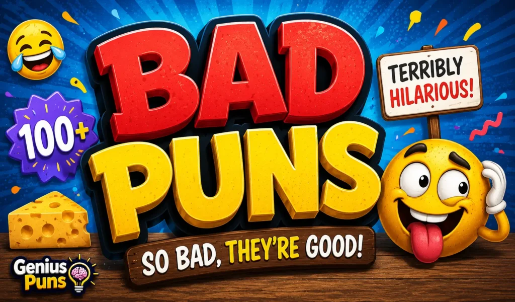 Colorful thumbnail featuring bold "Bad Puns" text, a goofy laughing emoji, and cheesy elements for a bad puns collection.