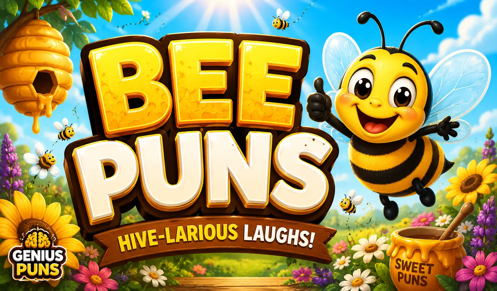 Bee Puns thumbnail featuring bold 3D text and a smiling cartoon bee in a sunny flower meadow.