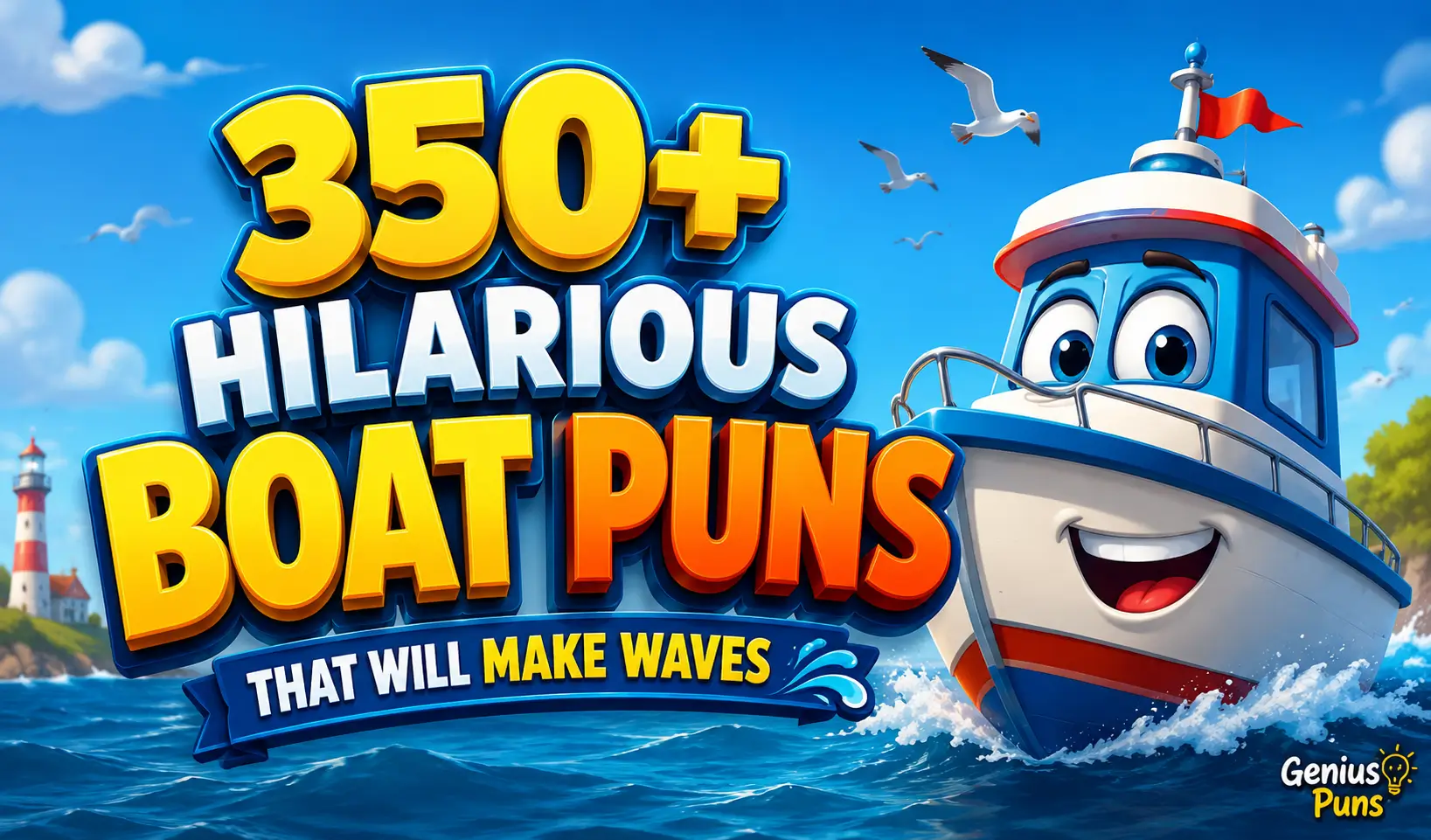 Colorful boat puns thumbnail with cartoon boat and bold 3D title "350+ Hilarious Boat Puns."