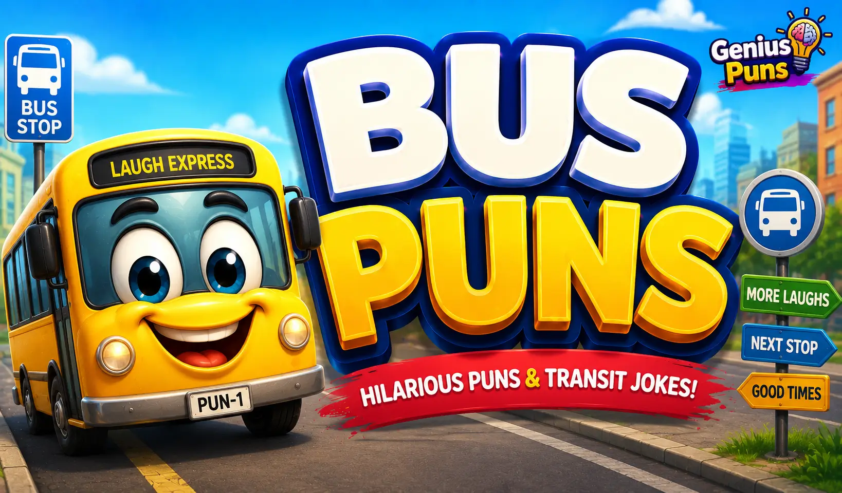 Smiling cartoon bus with bold 3D Bus Puns text on a colorful city street background for bus puns.