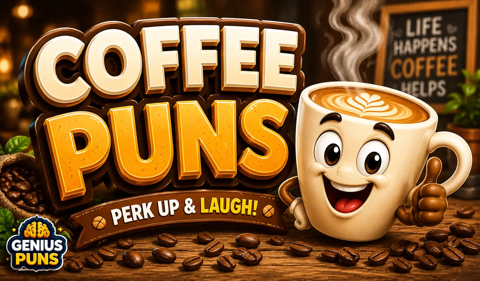 Coffee Puns thumbnail featuring bold 3D text and a smiling cartoon coffee cup with coffee beans.