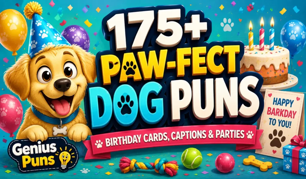 Cartoon puppy with bold 3D "175+ Paw-fect Dog Puns" text and Genius Puns logo for the dog puns for birthday article.