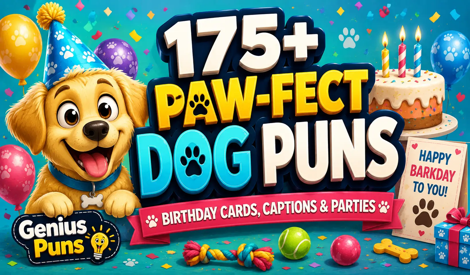 Cartoon puppy with bold 3D "175+ Paw-fect Dog Puns" text and Genius Puns logo for the dog puns for birthday article.
