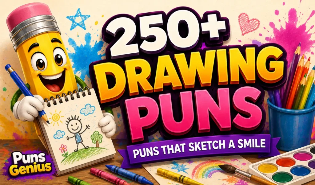 Cartoon pencil with bold 3D "250+ Drawing Puns" text and Puns Genius logo for the drawing puns article.
