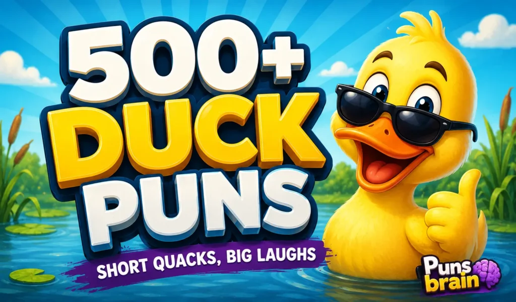 Colorful duck puns thumbnail with bold 3D text, a smiling cartoon duck, and Puns Brain branding.