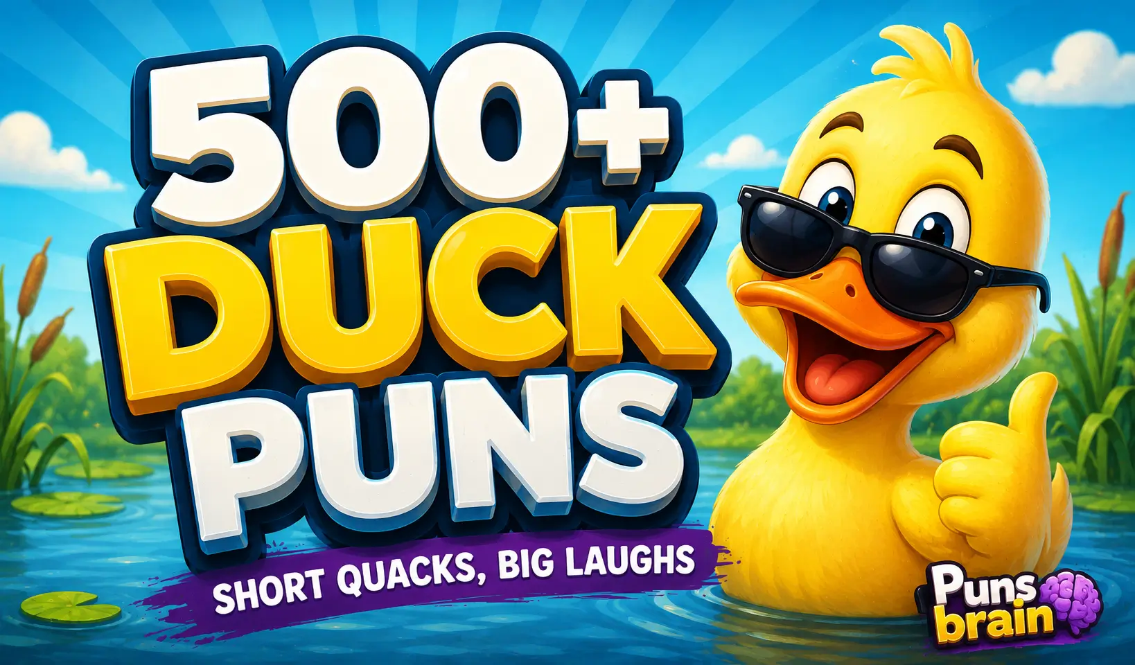 Colorful duck puns thumbnail with bold 3D text, a smiling cartoon duck, and Puns Brain branding.