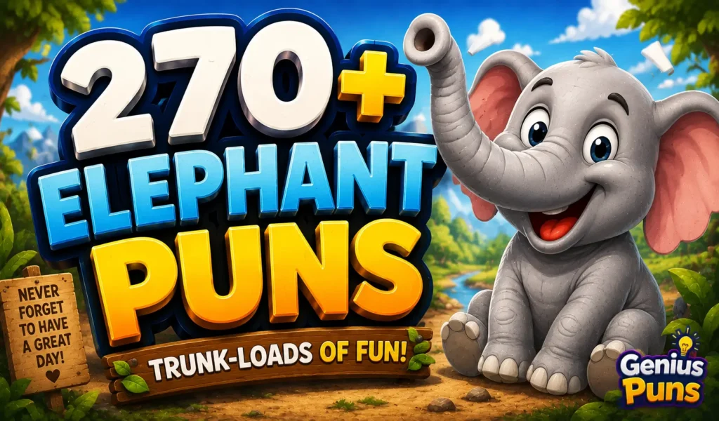 Colorful thumbnail featuring a smiling cartoon elephant and bold 3D "270+ Elephant Puns" text.
