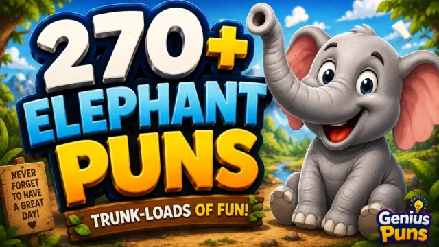 Colorful thumbnail featuring a smiling cartoon elephant and bold 3D "270+ Elephant Puns" text.