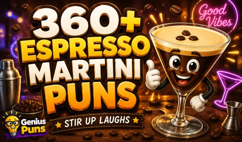 360+ Espresso Martini Puns thumbnail with a cartoon espresso martini and bold 3D text