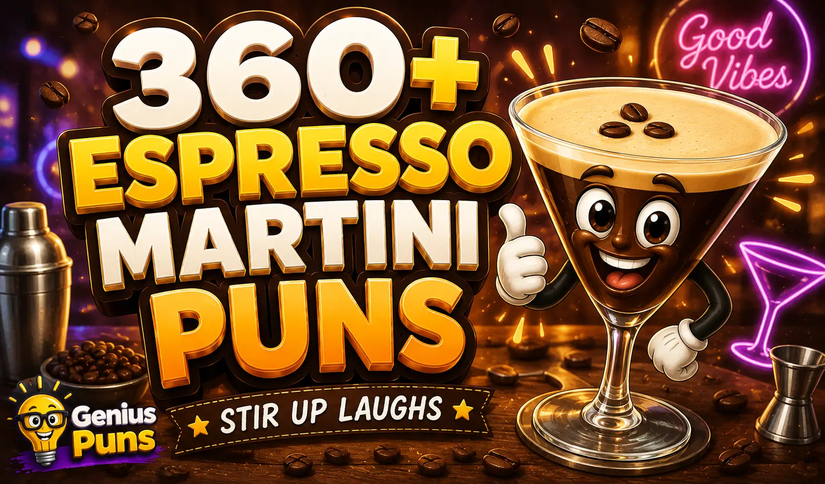 360+ Espresso Martini Puns thumbnail with a cartoon espresso martini and bold 3D text