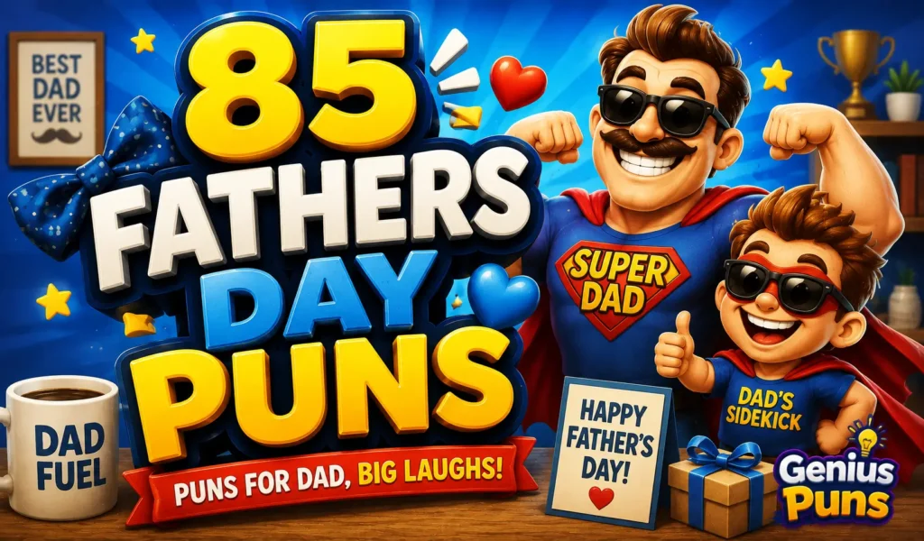 Colorful thumbnail featuring a superhero dad and bold 3D "85 Fathers Day Puns" text.