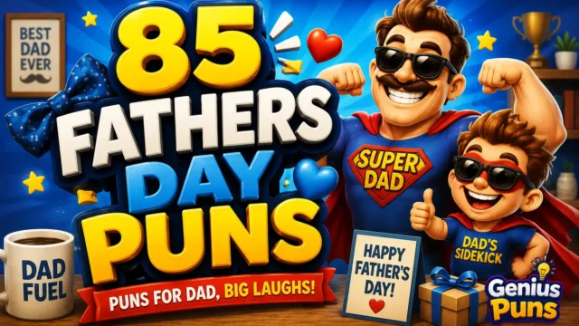 Colorful thumbnail featuring a superhero dad and bold 3D "85 Fathers Day Puns" text.