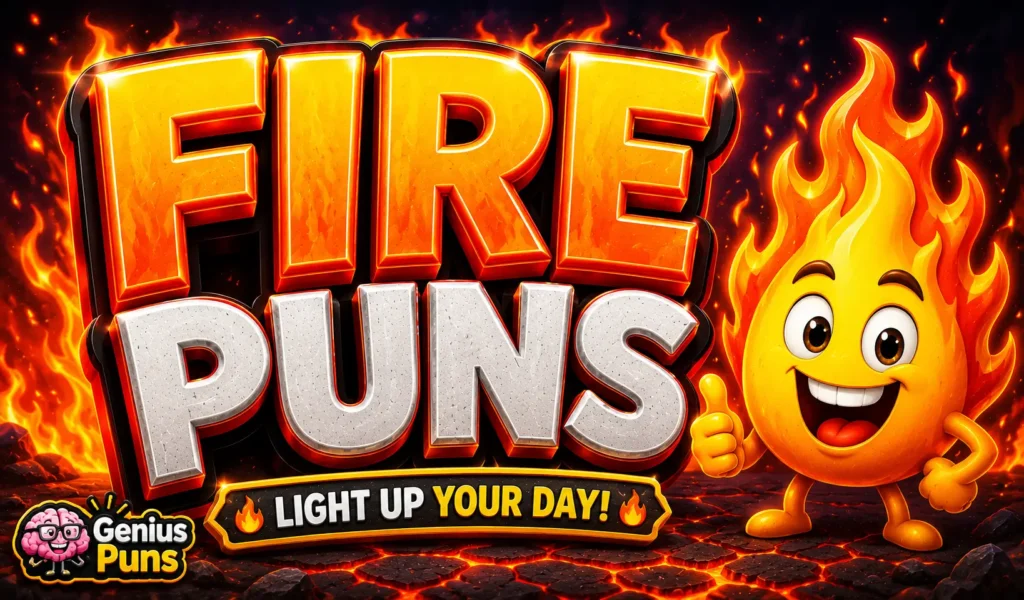 Bold 3D "Fire Puns" text with a smiling cartoon flame on a fiery background for a fire puns article.