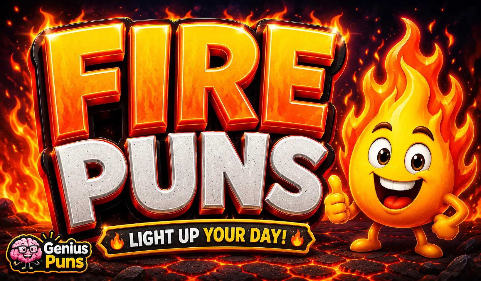 Bold 3D "Fire Puns" text with a smiling cartoon flame on a fiery background for a fire puns article.