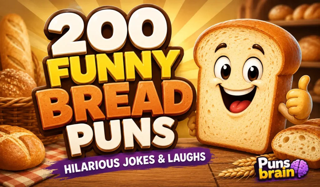 Funny Bread Puns thumbnail featuring bold 3D text, a smiling cartoon bread mascot, and Puns Brain branding.