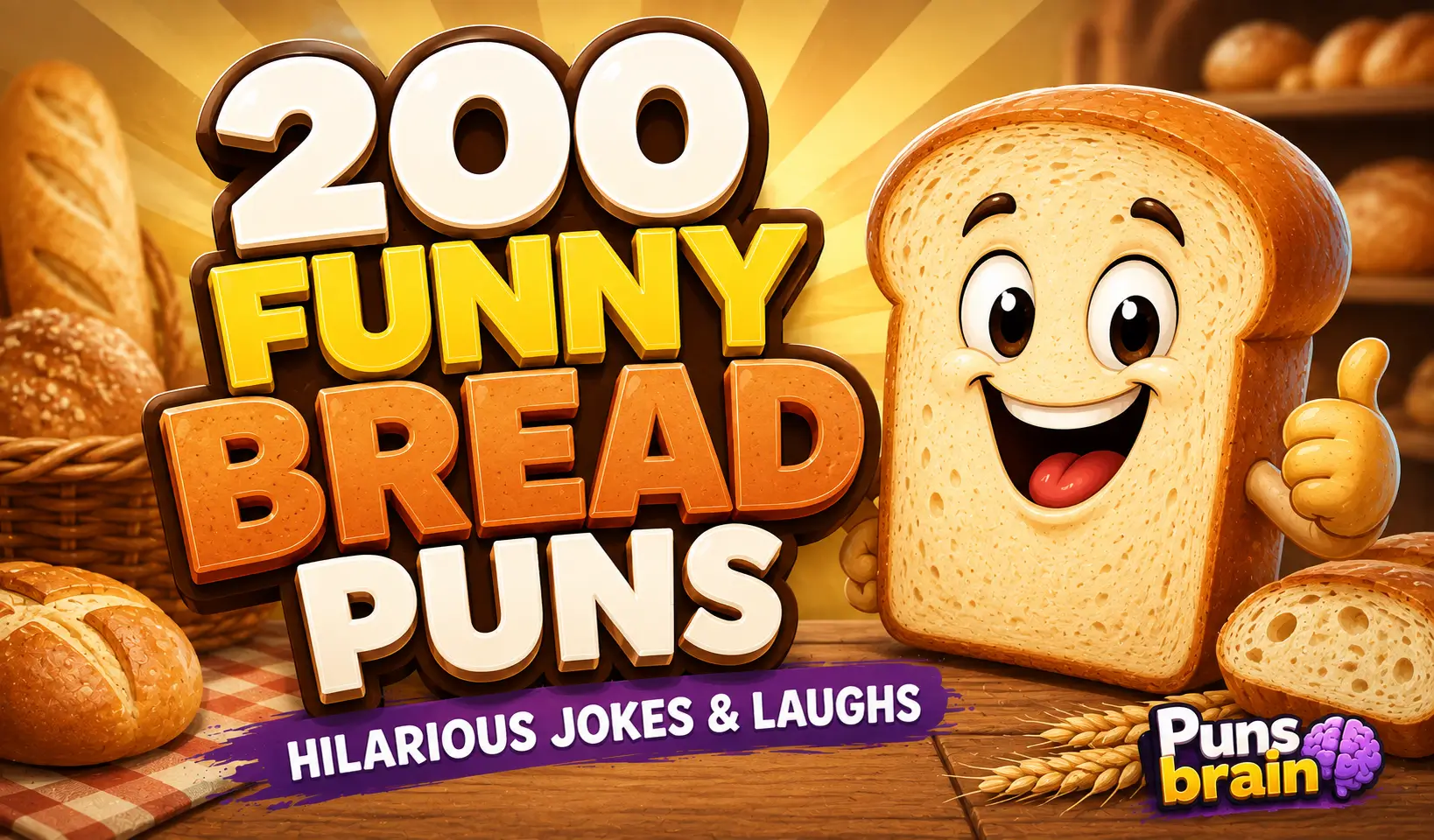 Funny Bread Puns thumbnail featuring bold 3D text, a smiling cartoon bread mascot, and Puns Brain branding.