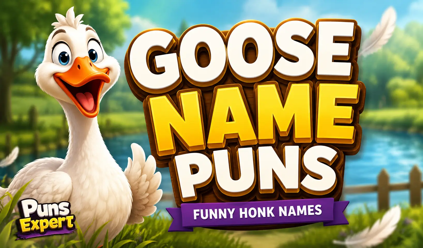 Cartoon goose with bold 3D "Goose Name Puns" text and Puns Genius logo for the goose name puns article.