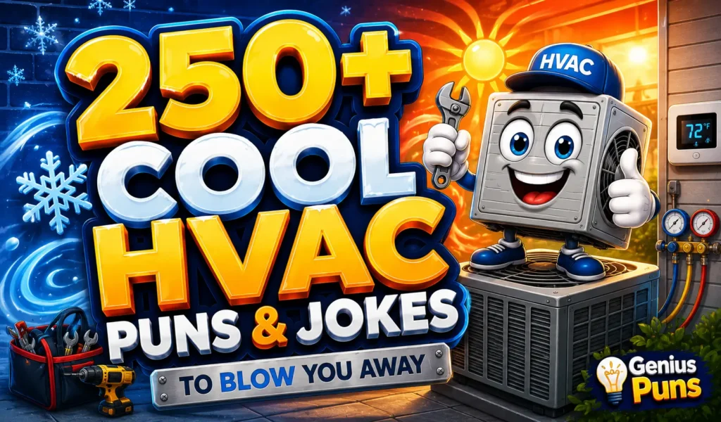 Colorful thumbnail featuring bold 3D text "250+ Cool HVAC Puns" with a cheerful HVAC mascot and cooling theme.