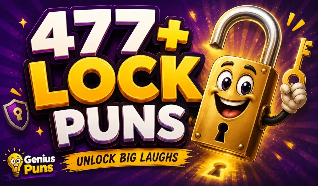 477+ Lock Puns thumbnail with a cheerful golden padlock and bold 3D text