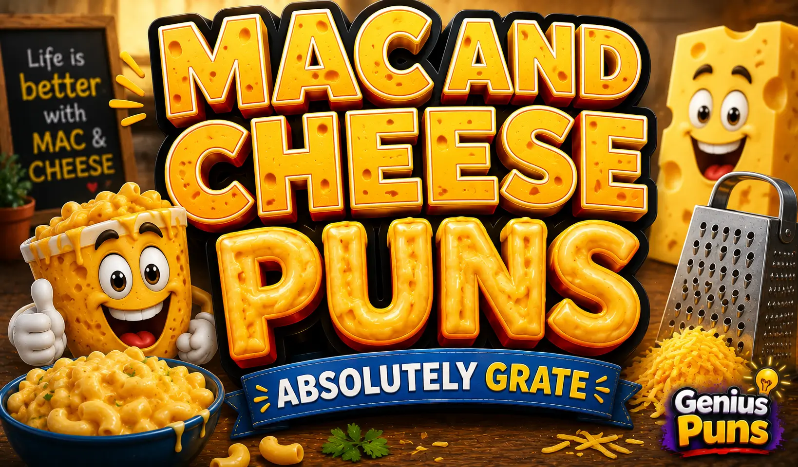 Cartoon thumbnail featuring bold 3D Mac and Cheese Puns text with a smiling macaroni mascot and a bowl of mac and cheese.