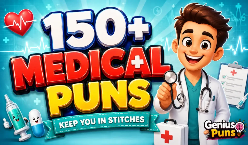 Colorful medical puns thumbnail featuring a smiling cartoon doctor and bold 3D "150+ Medical Puns" text.