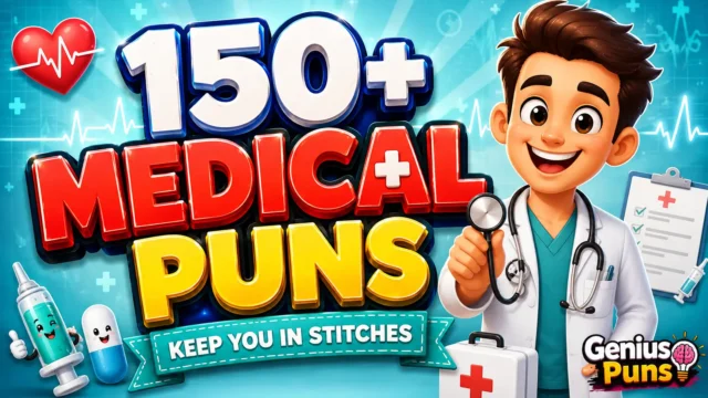 Colorful medical puns thumbnail featuring a smiling cartoon doctor and bold 3D "150+ Medical Puns" text.