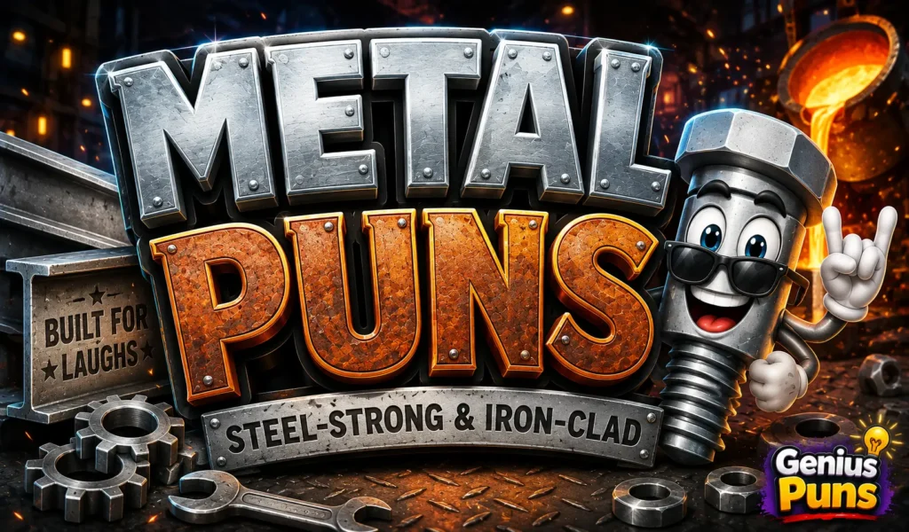 Cartoon thumbnail featuring bold 3D Metal Puns text with a smiling bolt mascot in a steel workshop.