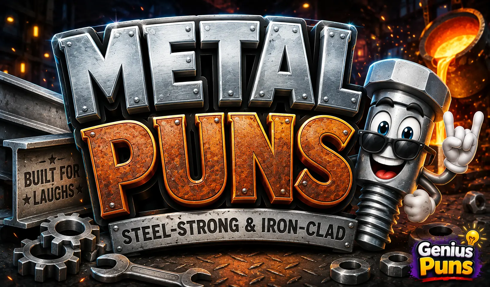 Cartoon thumbnail featuring bold 3D Metal Puns text with a smiling bolt mascot in a steel workshop.