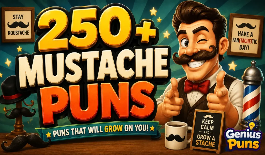 Cartoon man with a curled mustache beside bold 3D text reading "250+ Mustache Puns" in a barbershop-themed thumbnail.
