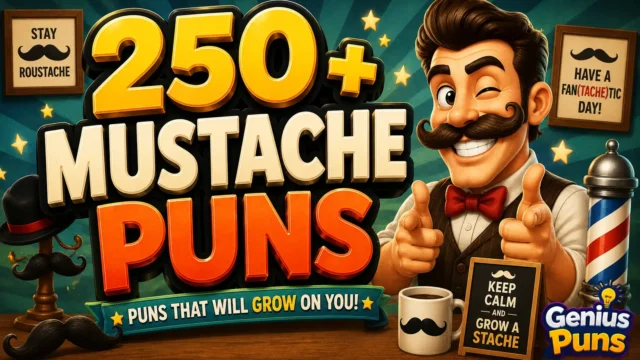 Cartoon man with a curled mustache beside bold 3D text reading "250+ Mustache Puns" in a barbershop-themed thumbnail.
