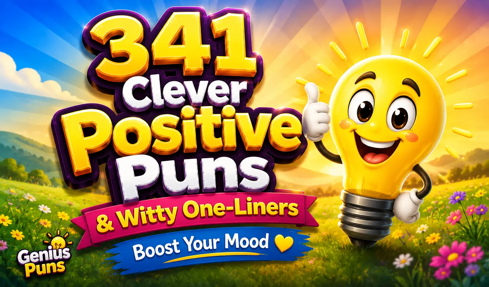 Colorful positive puns thumbnail with a smiling light bulb mascot and bold 3D "341 Positive Puns" text.