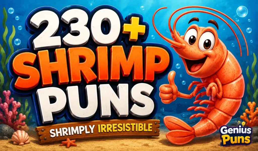 Colorful thumbnail featuring a smiling cartoon shrimp and bold 3D "230+ Shrimp Puns" text.
