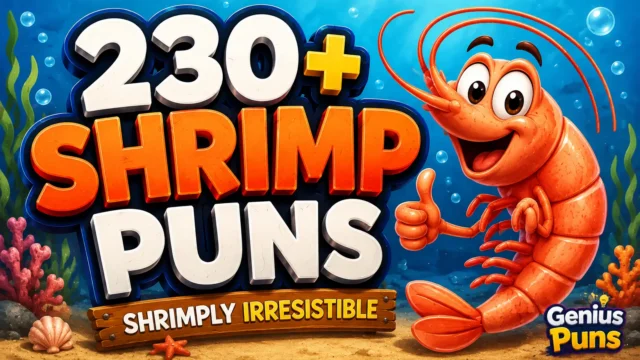 Colorful thumbnail featuring a smiling cartoon shrimp and bold 3D "230+ Shrimp Puns" text.