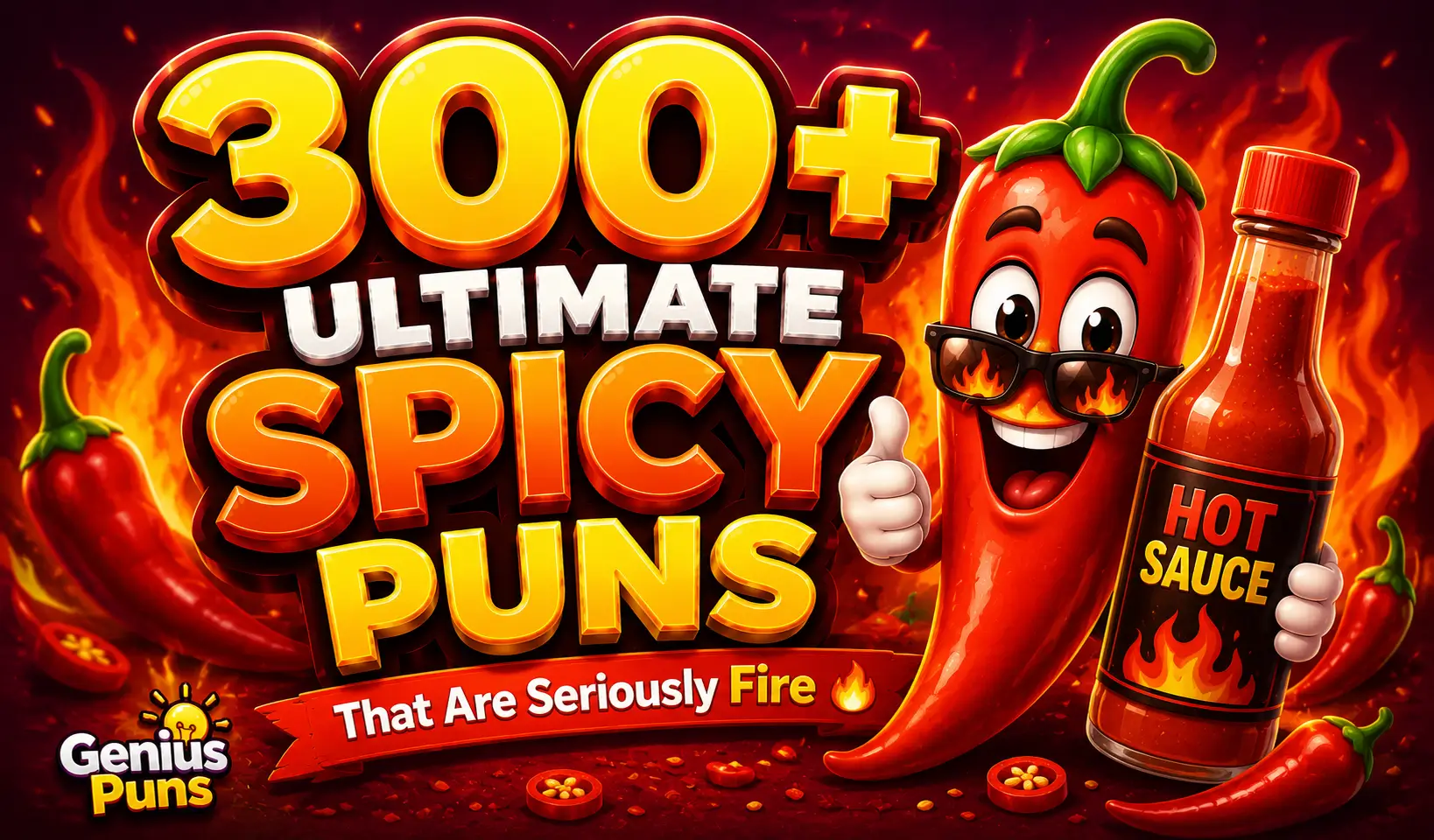 Colorful spicy puns thumbnail featuring a smiling cartoon chili pepper and bold 3D "300+ Spicy Puns" text.