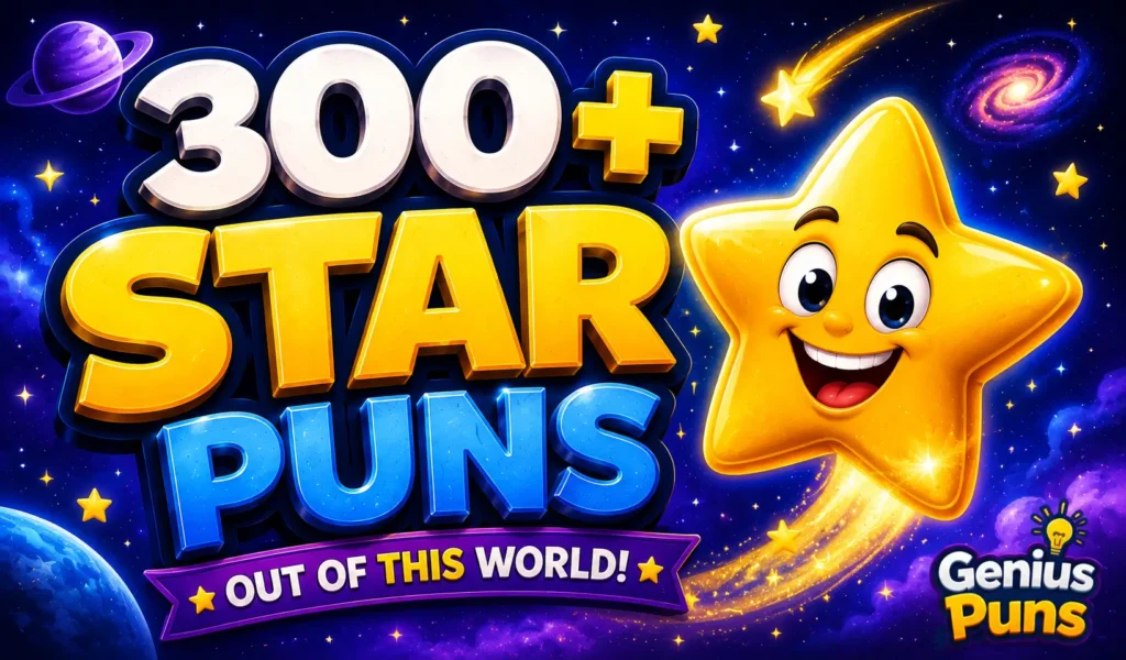 Colorful thumbnail featuring a smiling cartoon star and bold 3D text "300+ Star Puns" with the tagline "Out of This World!" for a star puns article.
