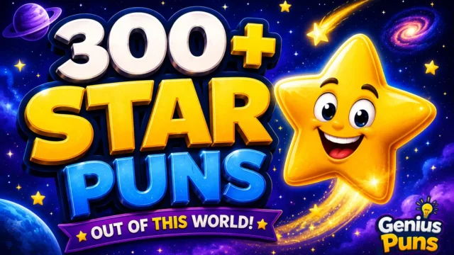 Colorful thumbnail featuring a smiling cartoon star and bold 3D text "300+ Star Puns" with the tagline "Out of This World!" for a star puns article.