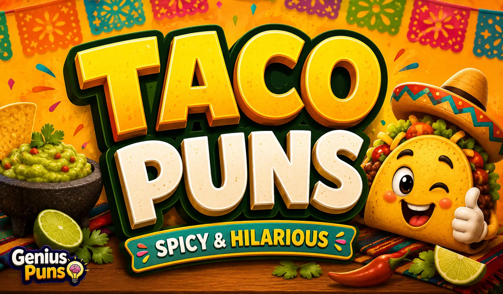 Colorful cartoon taco thumbnail featuring bold 3D text for taco puns and a smiling taco mascot.