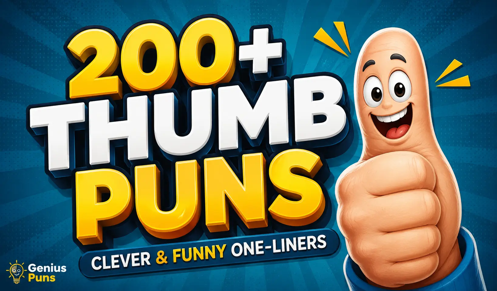 200+ Thumb Puns thumbnail with a cheerful cartoon thumbs-up character