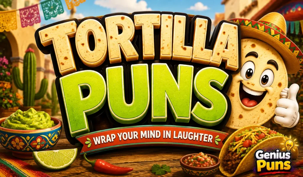 Cartoon thumbnail featuring bold 3D Tortilla Puns text with a smiling tortilla mascot, tacos, and Mexican-inspired décor.