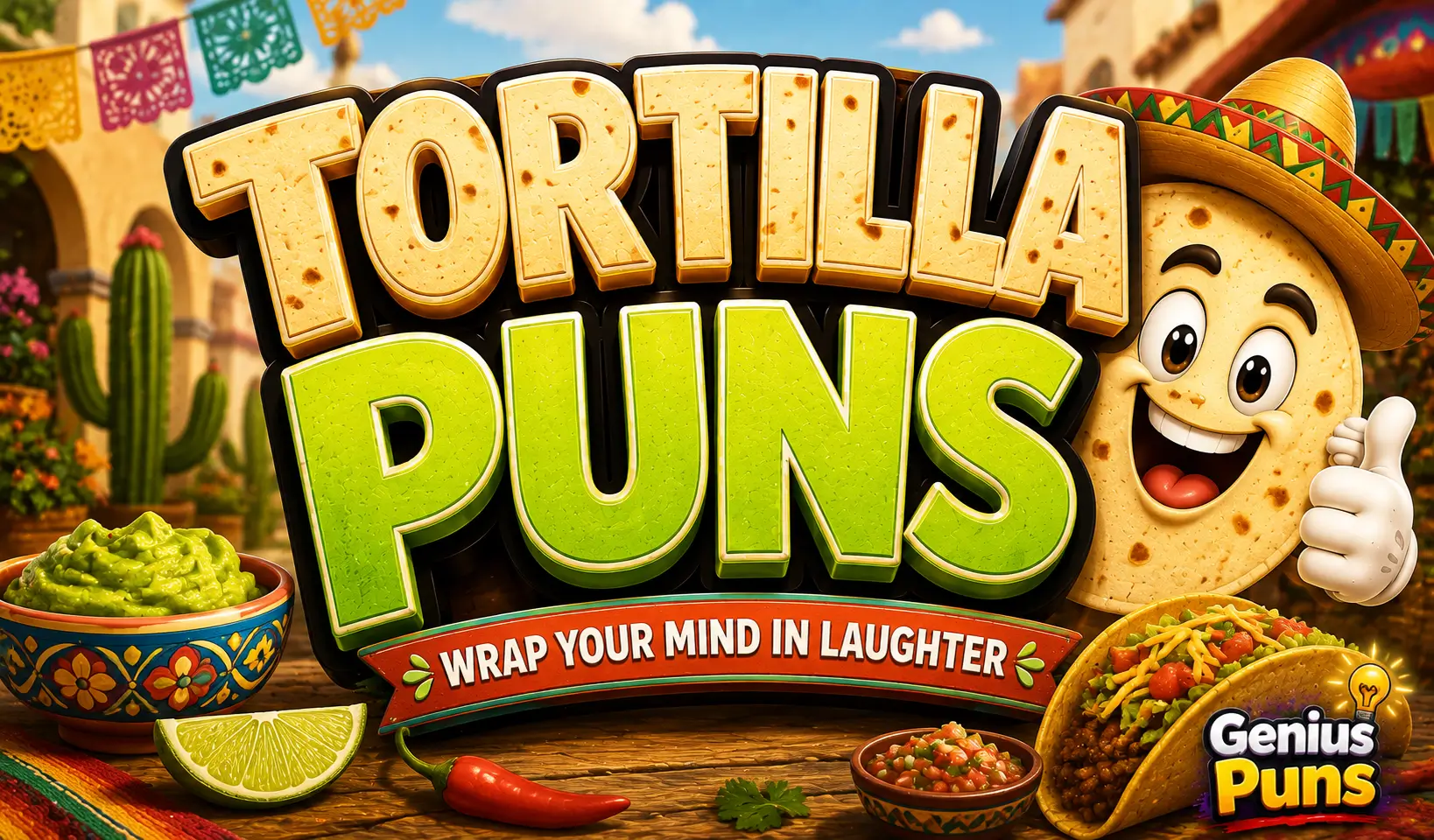 Cartoon thumbnail featuring bold 3D Tortilla Puns text with a smiling tortilla mascot, tacos, and Mexican-inspired décor.