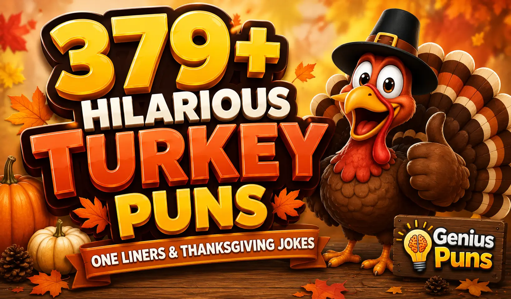 Colorful thumbnail featuring 379+ turkey puns one liners with a cheerful Thanksgiving turkey mascot.