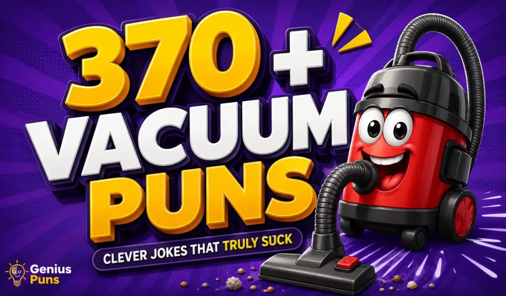 370+ Vacuum Puns thumbnail featuring a cheerful cartoon vacuum cleaner