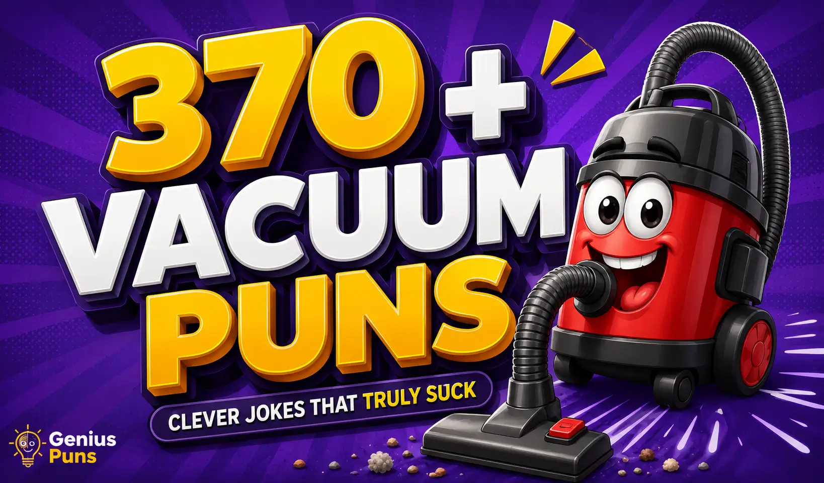 370+ Vacuum Puns thumbnail featuring a cheerful cartoon vacuum cleaner