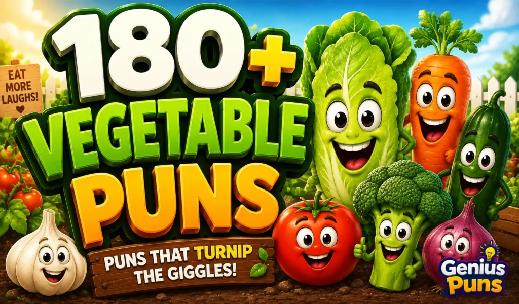 Colorful thumbnail featuring smiling cartoon vegetables and bold 3D "180+ Vegetable Puns" text.