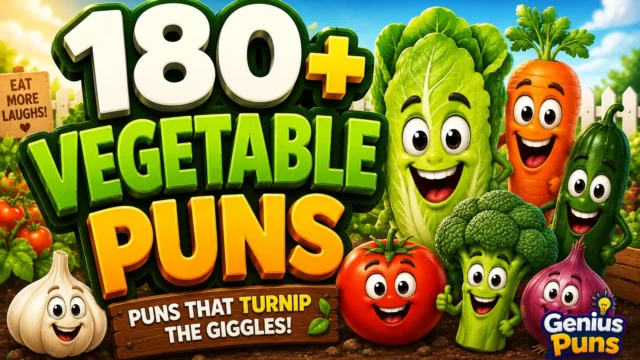 Colorful thumbnail featuring smiling cartoon vegetables and bold 3D "180+ Vegetable Puns" text.