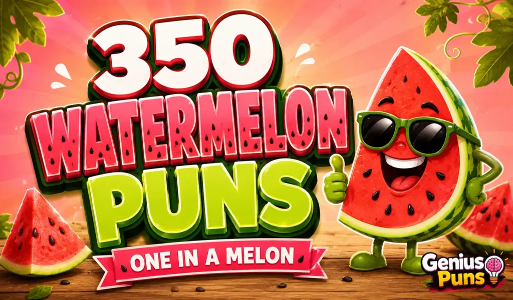 Colorful watermelon puns thumbnail featuring a smiling cartoon watermelon mascot with bold 3D "350 Watermelon Puns" text.