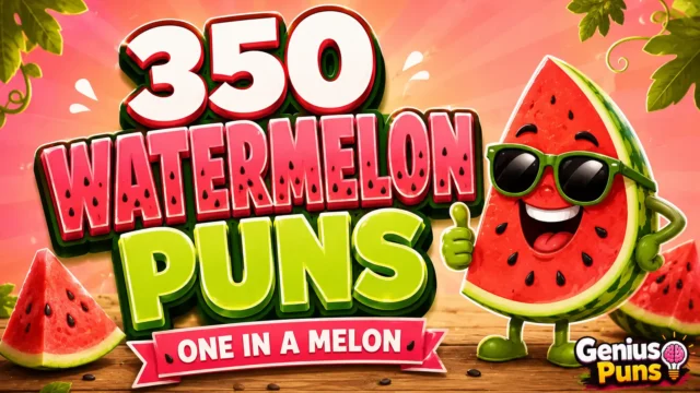Colorful watermelon puns thumbnail featuring a smiling cartoon watermelon mascot with bold 3D "350 Watermelon Puns" text.