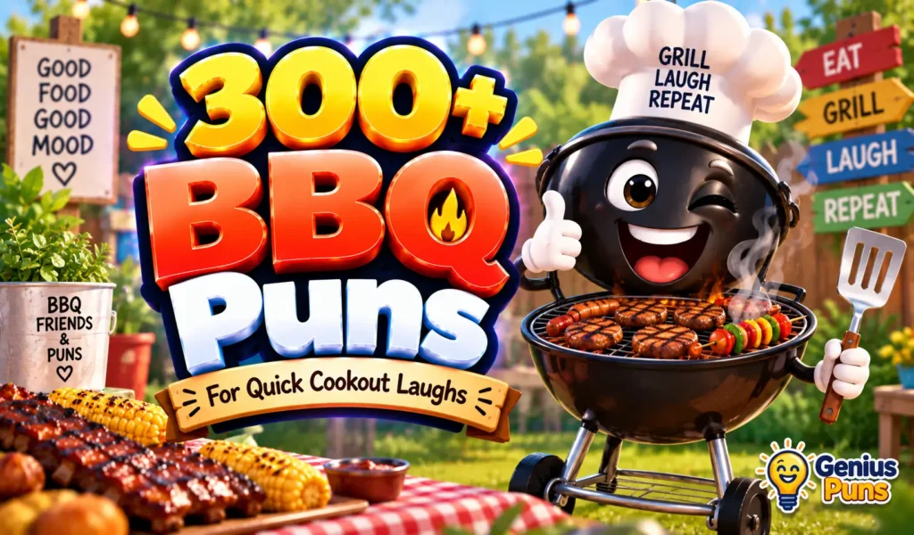 Colorful BBQ puns thumbnail featuring a smiling cartoon grill mascot and bold 3D "300+ BBQ Puns" text.
